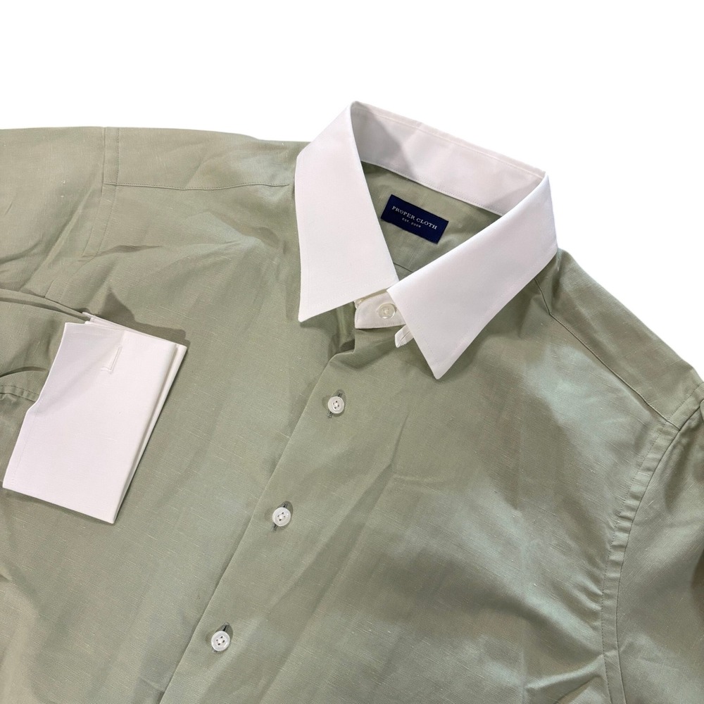 PROPER CLOTH Dress Shirt Mens Sage‎ Green Linen Cotton White Collar Monogram